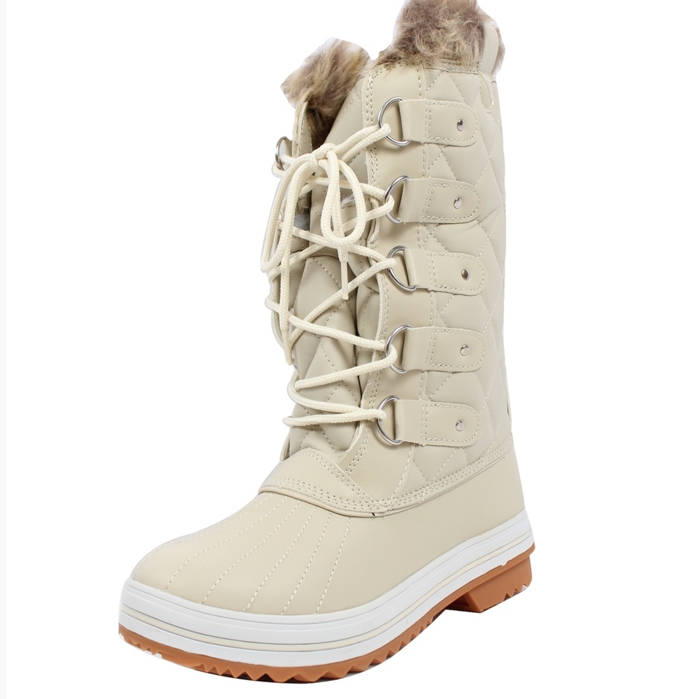 Size 6 Off White Lace Up Quilted Mid Calf Winter Snow Boo - Picture 3 of 9